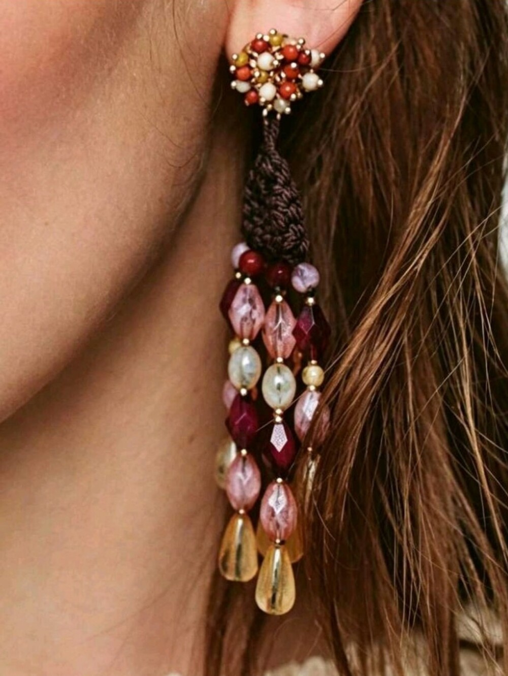 NEW! ZARA Bohemian Multi-color Bead Crochet Tassel Earrings in Burgundy and Gold